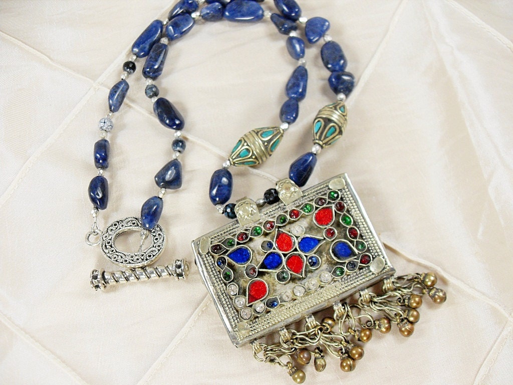 Chunky,Statement Lapis Lazuli , Beaded, tibetan and Mid Eastern Tribal Kuchi Pendant Necklace