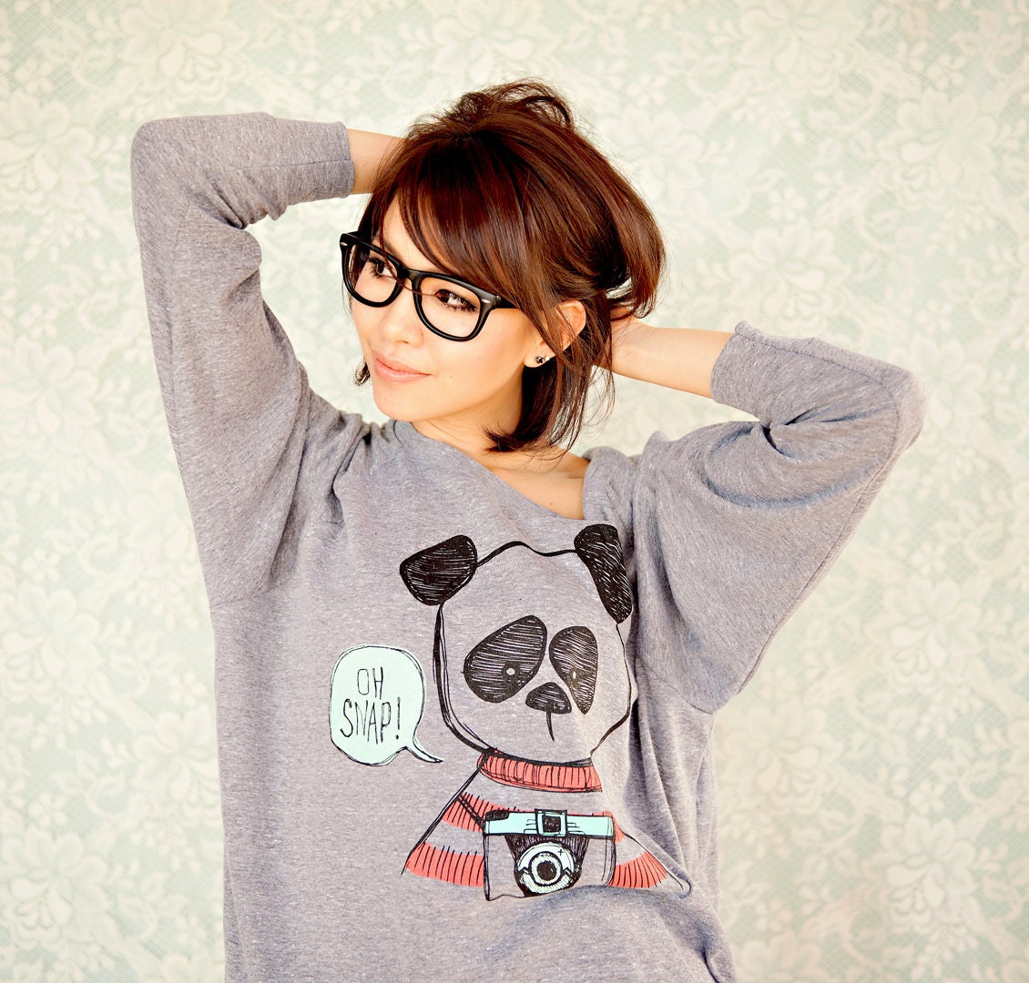 Hipster Panda Womens Raglan Sweater - Heather Grey - Sizes S, M, L