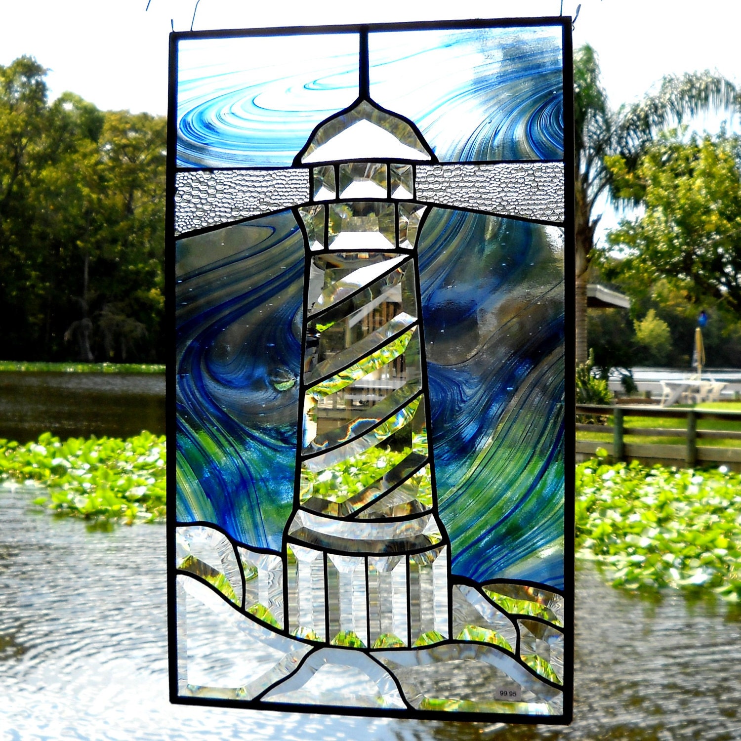 Stained Glass Panel with Beveled Stained Glass Lighthouse
