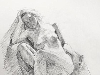 Figure Drawing - Original Graphite Sketch Nude Female Model with Dreads