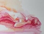 Original Watercolor Painting of Reclining Female Nude in Citrus Colors - Figure Art