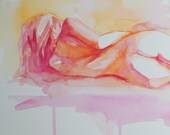 Fine Art Print of a  Watercolor Figure Nude Reclining Female in Citrus Colors