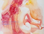 Large Print - Art Reproduction of  Watercolor Painting of Female Nude in Red, Back View