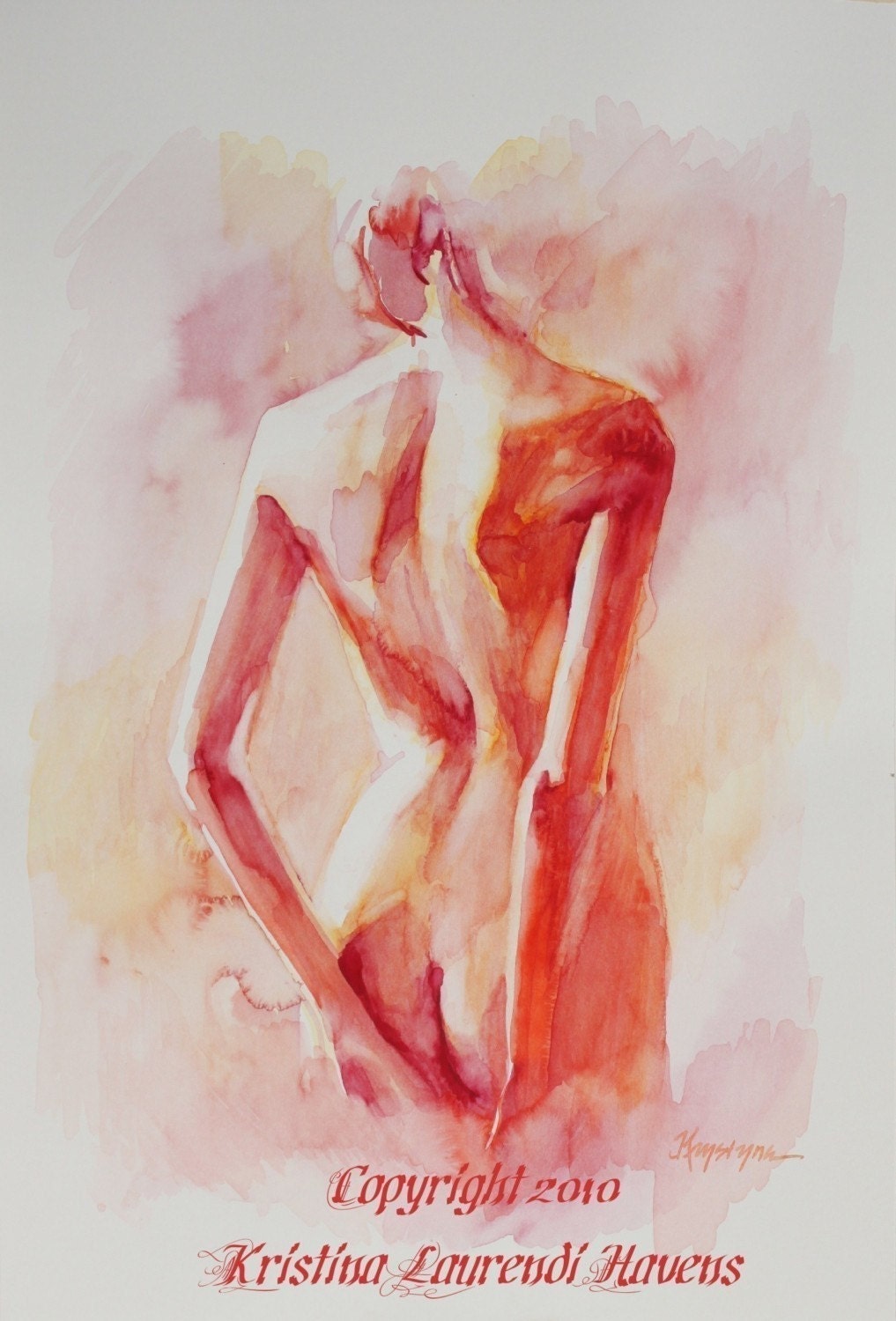 Watercolor Painting of Female Back in Soft Reds Open Edition Fine Art Print "B.e.a."