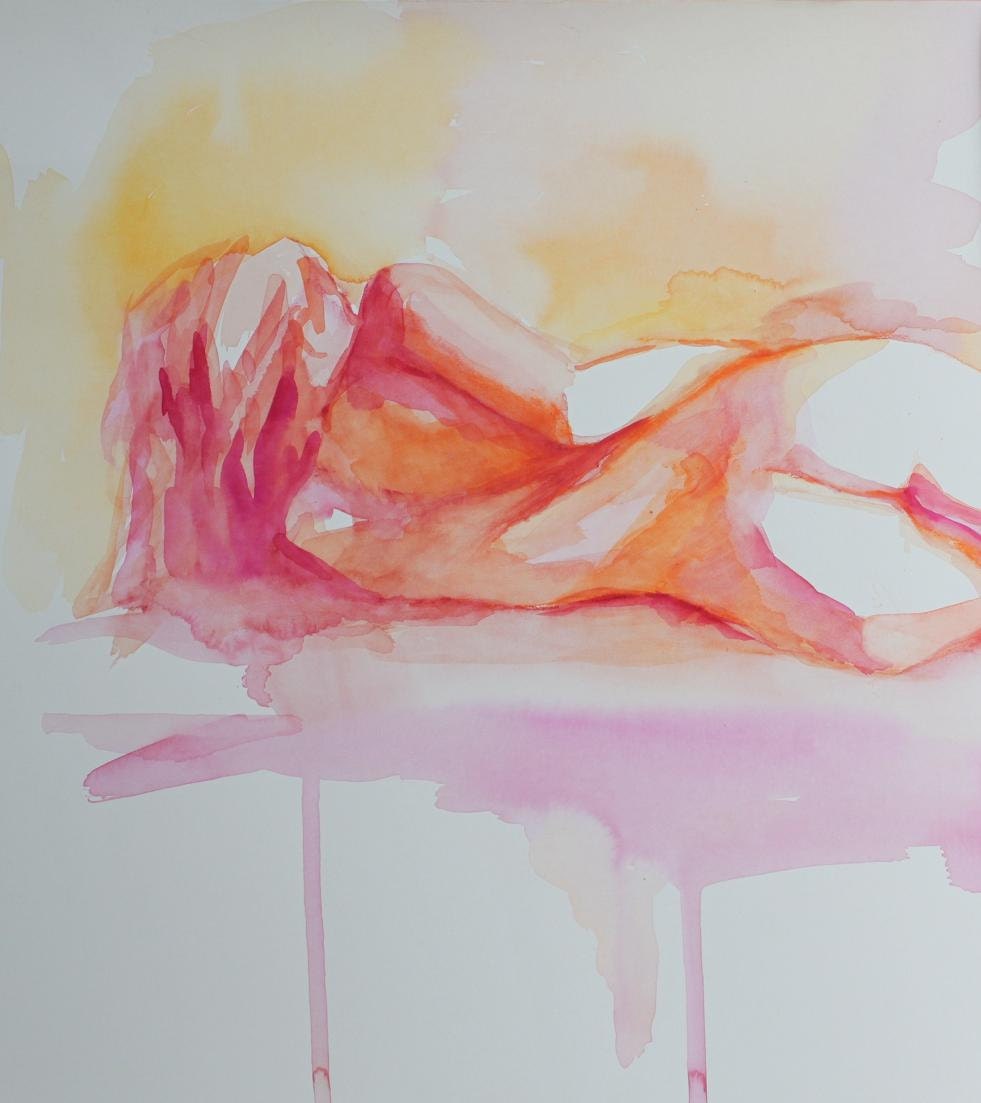 Nude Reclining Female in Citrus Colors Fine Art Print of a Watercolor Figure Large Print