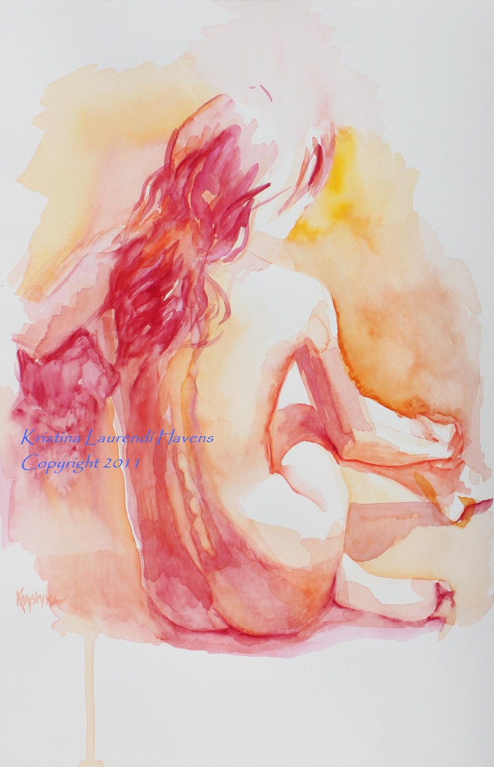 Large Print - Art Reproduction of Watercolor Painting of Female Nude in Red, Back View