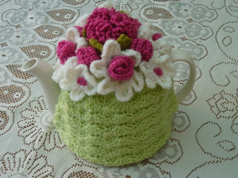 4-6 Cup Crochet Tea Cosy/ Tea Cozy/ Cosy/ Cozy  Green with Pink Flowers  (Made to order)