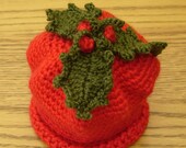 Crochet Baby Cloche Hat in Christmas Red Holly Design Newborn