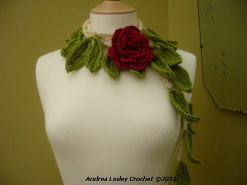 Lariat Scarf Necklace in Crochet with a Red Rose and Green Leaves (Made to Order)