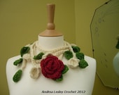 Lariat Scarf Necklace in Crochet with a Red Rose and Green and Cream Leaves (Made to order)