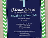 Printable Baptism Invitations Blue and Kelly Green Chevron Stripes