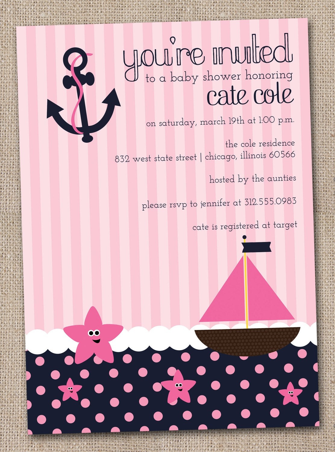 Nautical Baby Shower Invitations Preppy Pink Yellow and Navy Blue DIY Design