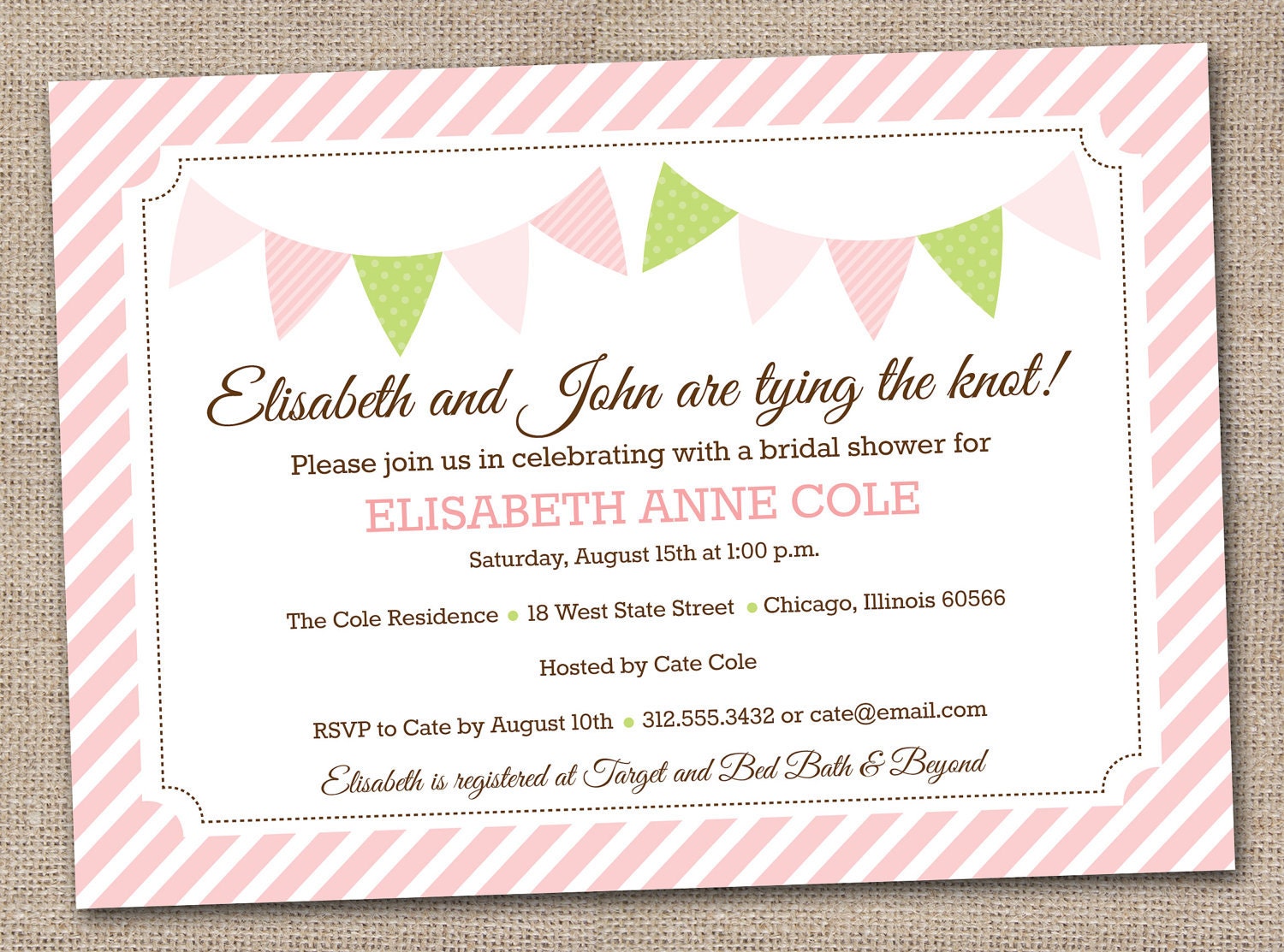 Printable Bridal Shower Invitations Pink and Green Bunting