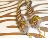 Black and White Grizzly Striped Long Feather Earrings with Peacock Plume Accent, 14K Gold