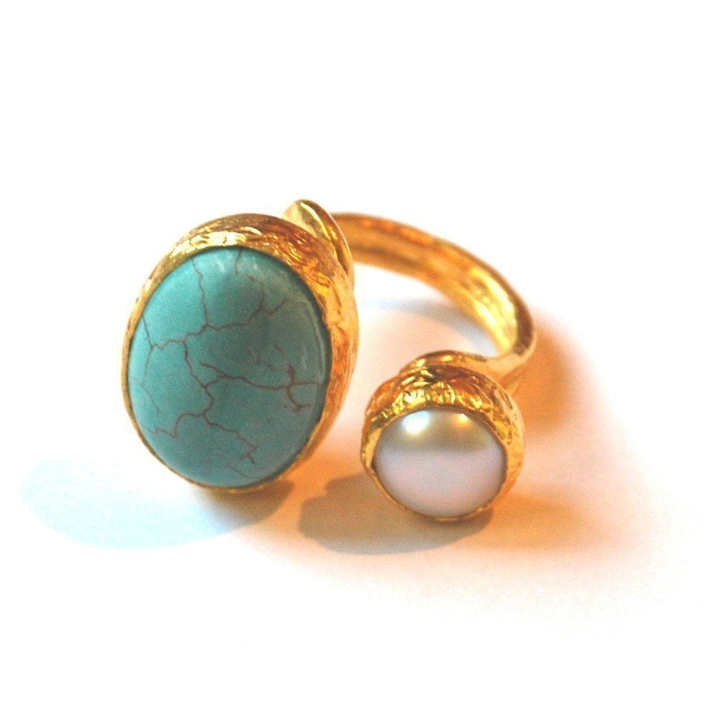 Turquoise - Pearl 18Kgold plated sterling silver ring