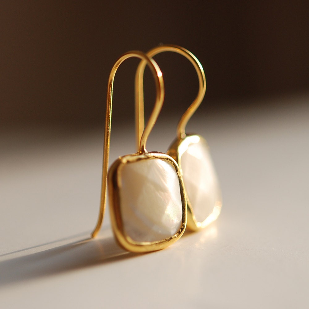 Creamy White Mother of Pearl Earrings in Gold