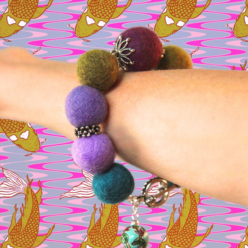 Felted Bead Bracelet (mulberry, lilac, teal, and moss green beads)