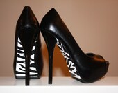 Black and White Zebra Sole Peep Toe Stilettos, Hand Painted, Women's Size 7 or 8.5