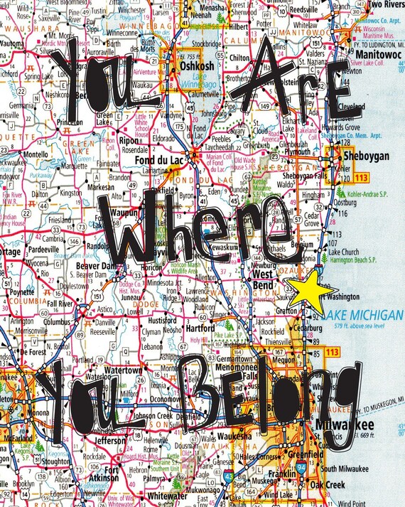 Digital Print - Wall Art - 8x10 Illustration Art Print - You Belong Here - Typography, Map, Inspirational, States, Location, Wall Decor