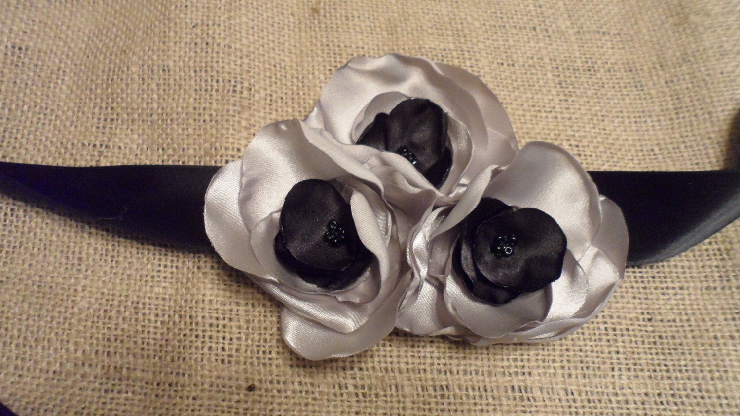 Silver Metallic Ruffled Flower Belt Ribbon Sash with black multi beaded centers