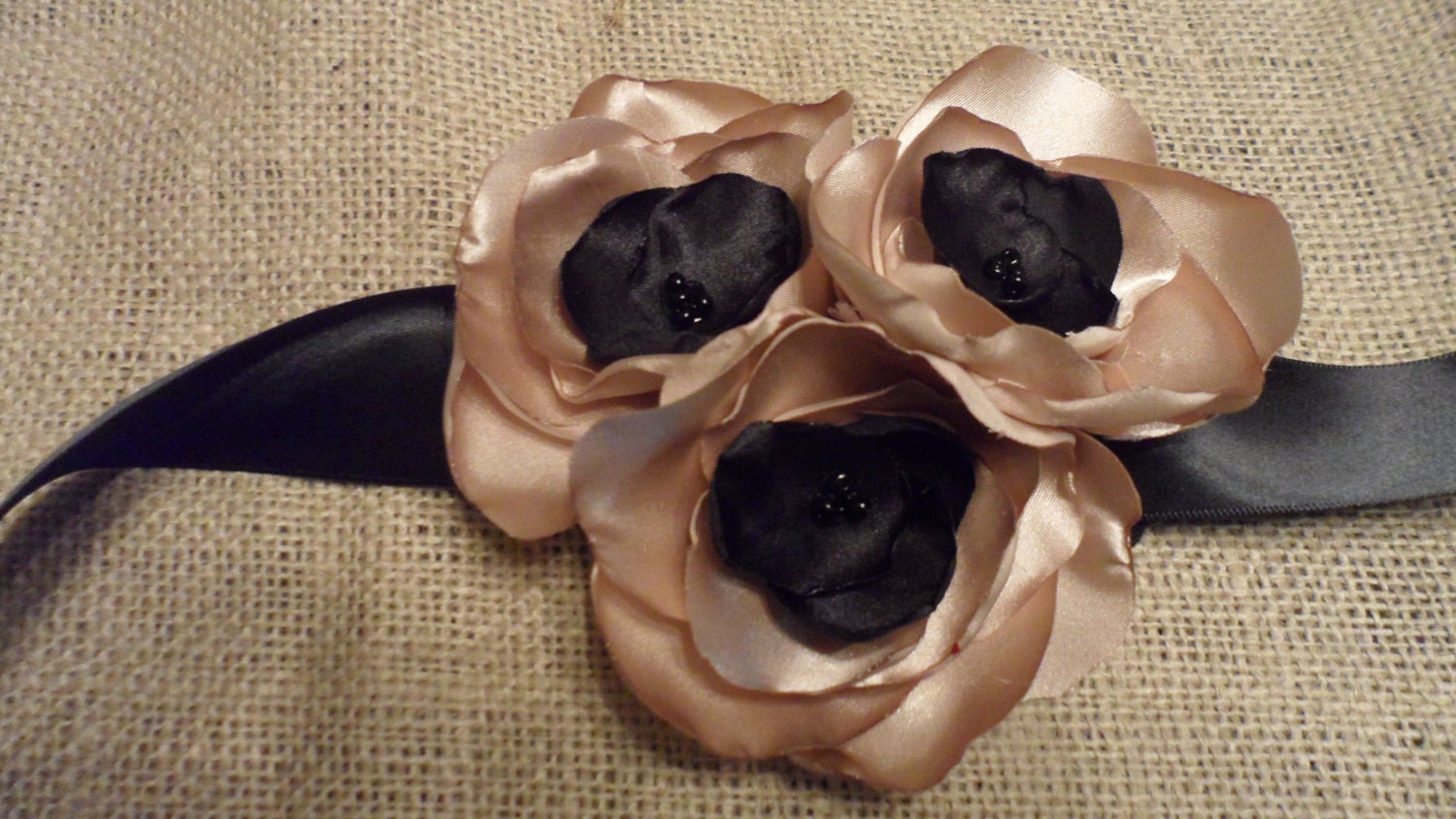 Soft Gold Ruffled Flower Belt Ribbon Sash with black multi beaded centers