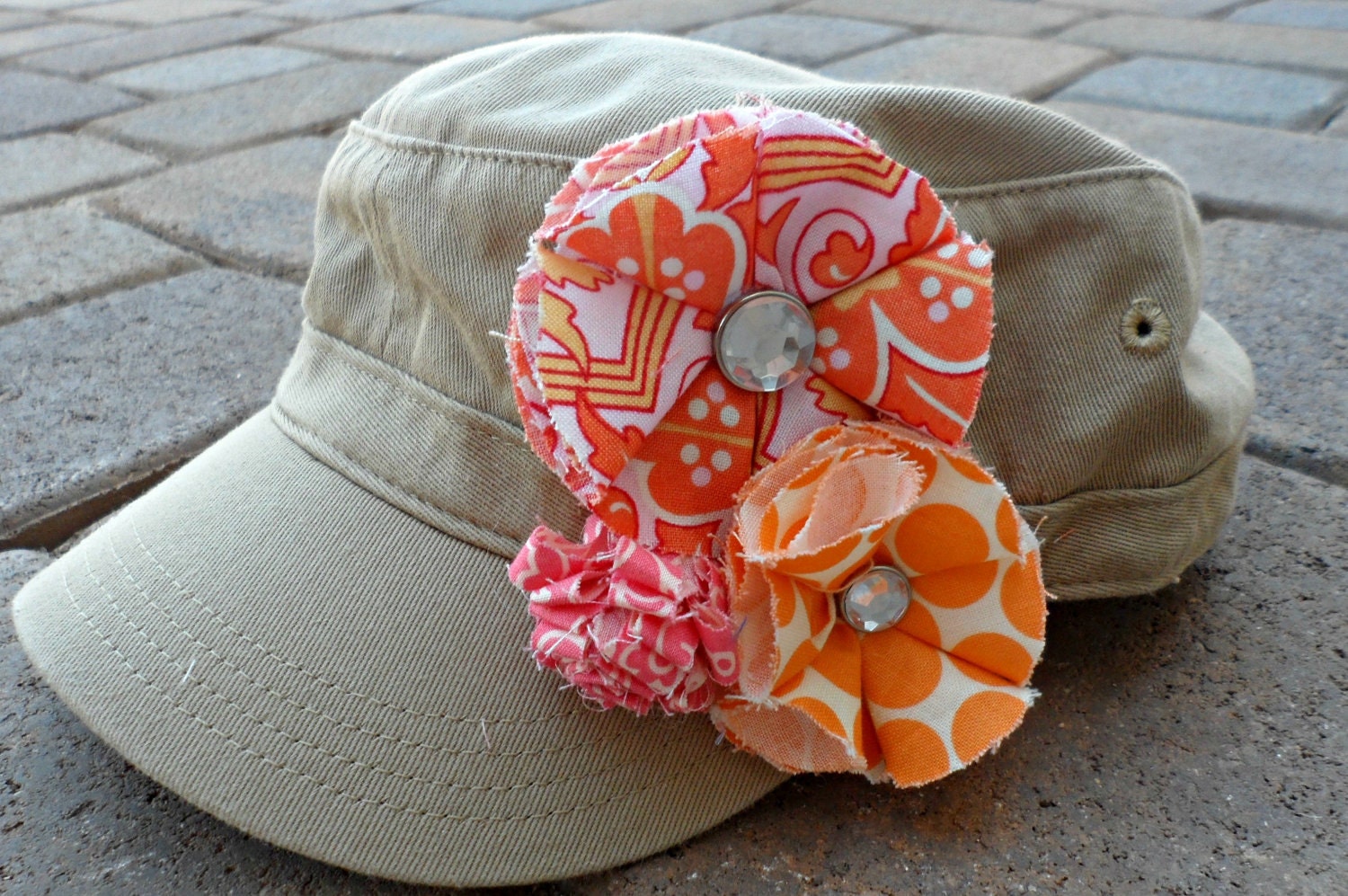 Funsickle Tan Military Style Cadet Hat With Coral Orange and Pink Sherbert Flowers