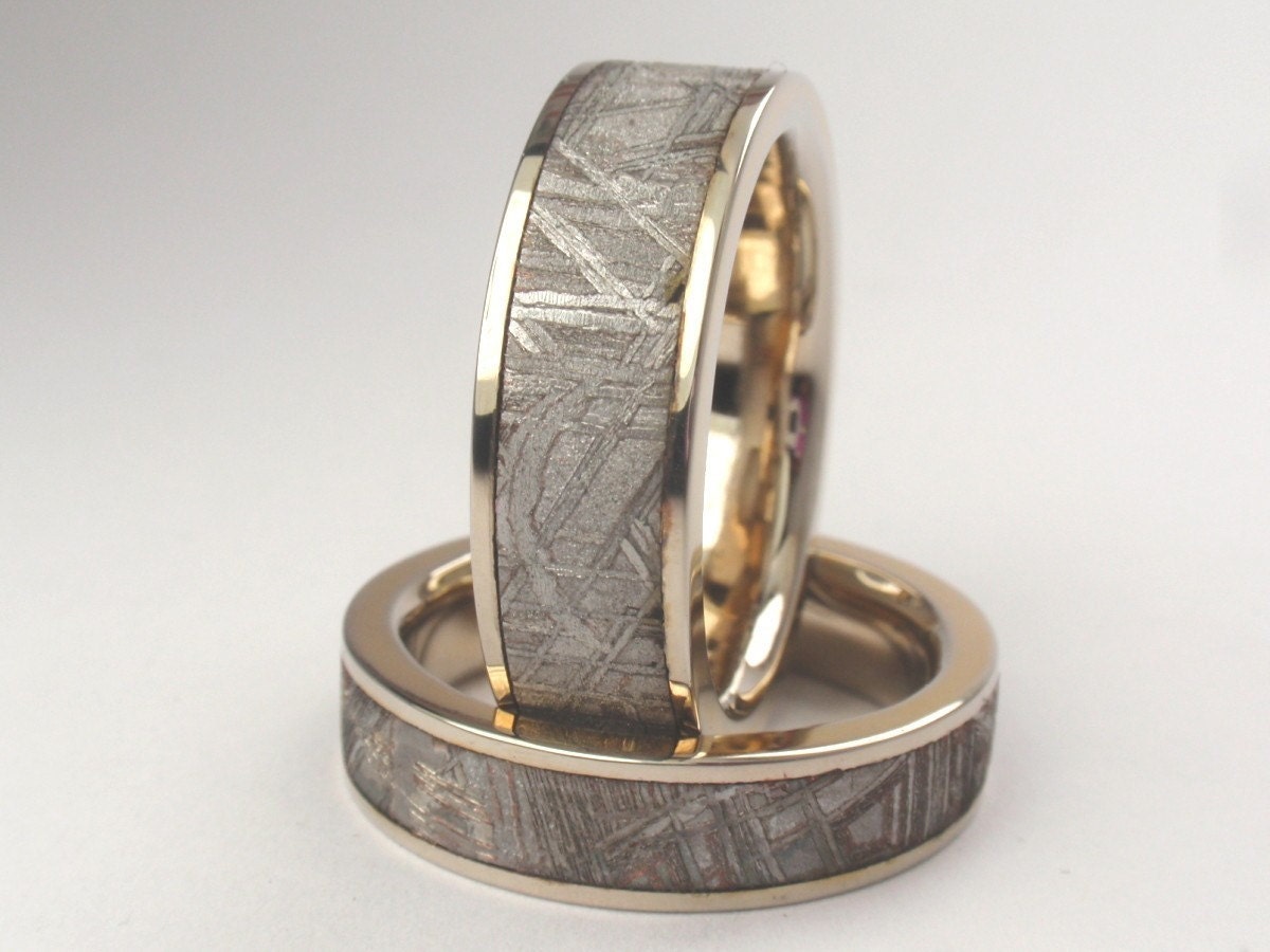 14K White Gold with solid Meteorite inlay Ring Set