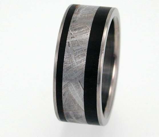 4mm Meteorite and Wood inlay Titanium Ring - Wooden Wedding Band - Meteor Ring Signature Series