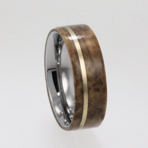 Titanium Ring inlaid with Exotic Hardwood and 14K Gold Band / Wooden Wedding Band