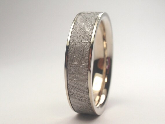 Meteorite Ring Inlaid in 14K White Gold - Meteor Wedding Band - Gibeon Meteorite