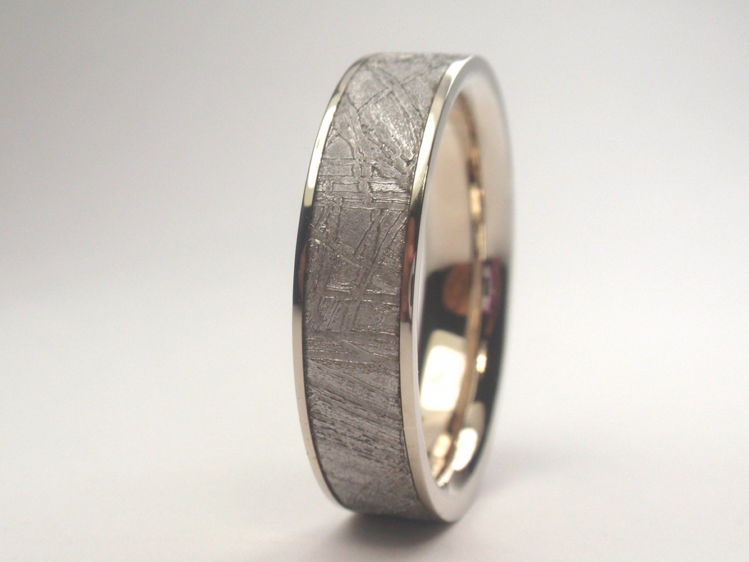 Meteorite Ring Inlaid in 14K White Gold - Meteor Wedding Band - Gibeon Meteorite