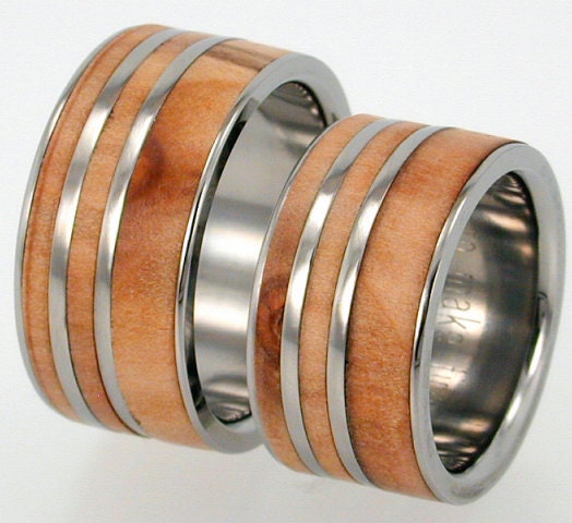 Titanium Ring Set with Interchangeable Rowan Wood Inlaid Pinstripes