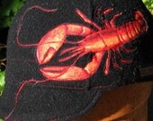 Black Cashmere Wool Blend with Red Stitching Handmade Cycling Cap with Fancy Lobster Art Applique