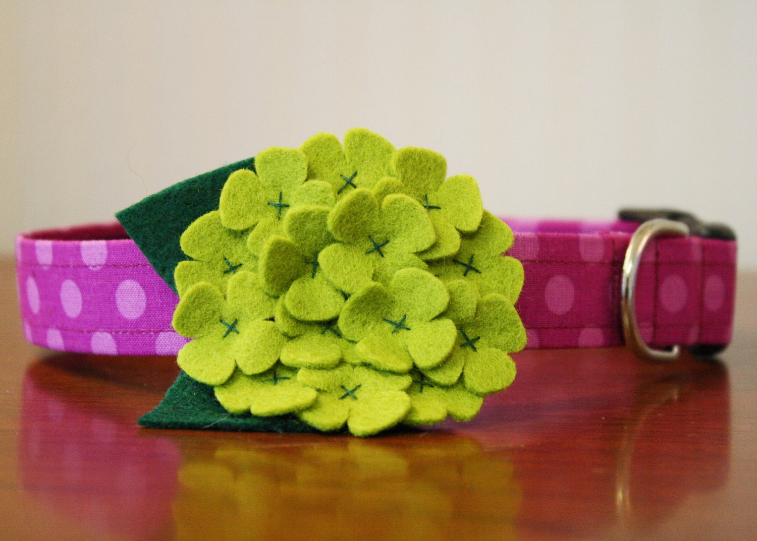 Flower Dog Collar - Green Hydrangea & Polka Dots