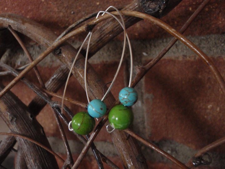 Simply Spring- Dangle Earrings-  Green and Blue Turquoise  Silver plated Stainless Steel - hypoallergenic -aqua- robins egg  teal lime grass