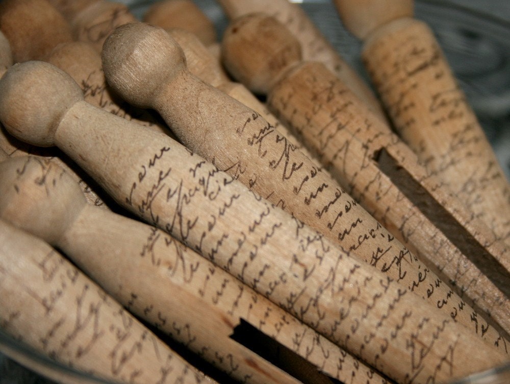 French Script - Stamped - Vintage Style - Wooden Clothspins