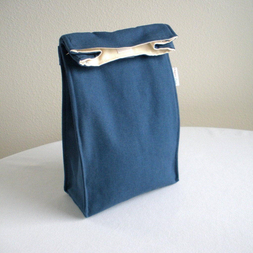 Blue Organic Lunch Bag - Eco Friendly Insulated Lunch Bag - Organic Cotton - Denim/Navy Blue - Back to School