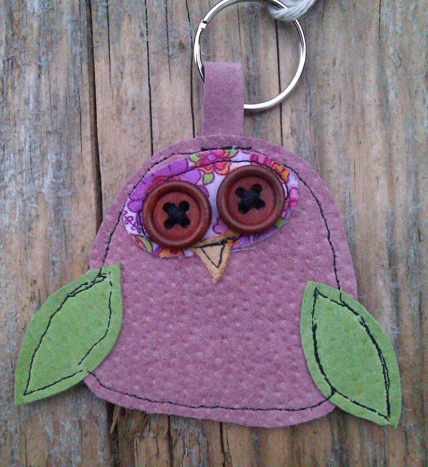 Pink recycled leather and suede owl keychain. UK FREE SHIPPING