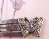 vintage glitter inlay pewter tone butterfly hair clip