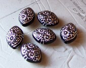 Vintage black silver painted floral lucite beads X 6