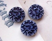 Vintage 13 mm matte grey with pressed black pattern flat round lucite beads X 3