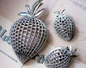 50% OFF SALE Vintage silver metal stylized strawberry demi parure