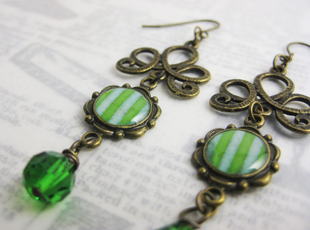 Green Victorian Inspired Circus Striped Earrings with Crystal - Brass French Fish Hooks