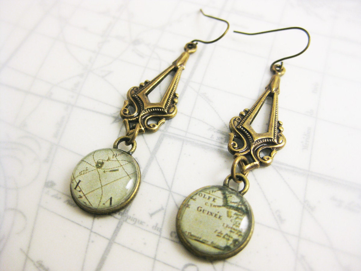 Green Vintage Map Dangle Earrings - Antique Brass Stampings - Brass French Fish Hooks