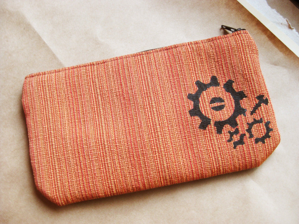 Orange and Red Striped Steampunk Gears Screen Print Zippered Pouch / Pencil Case