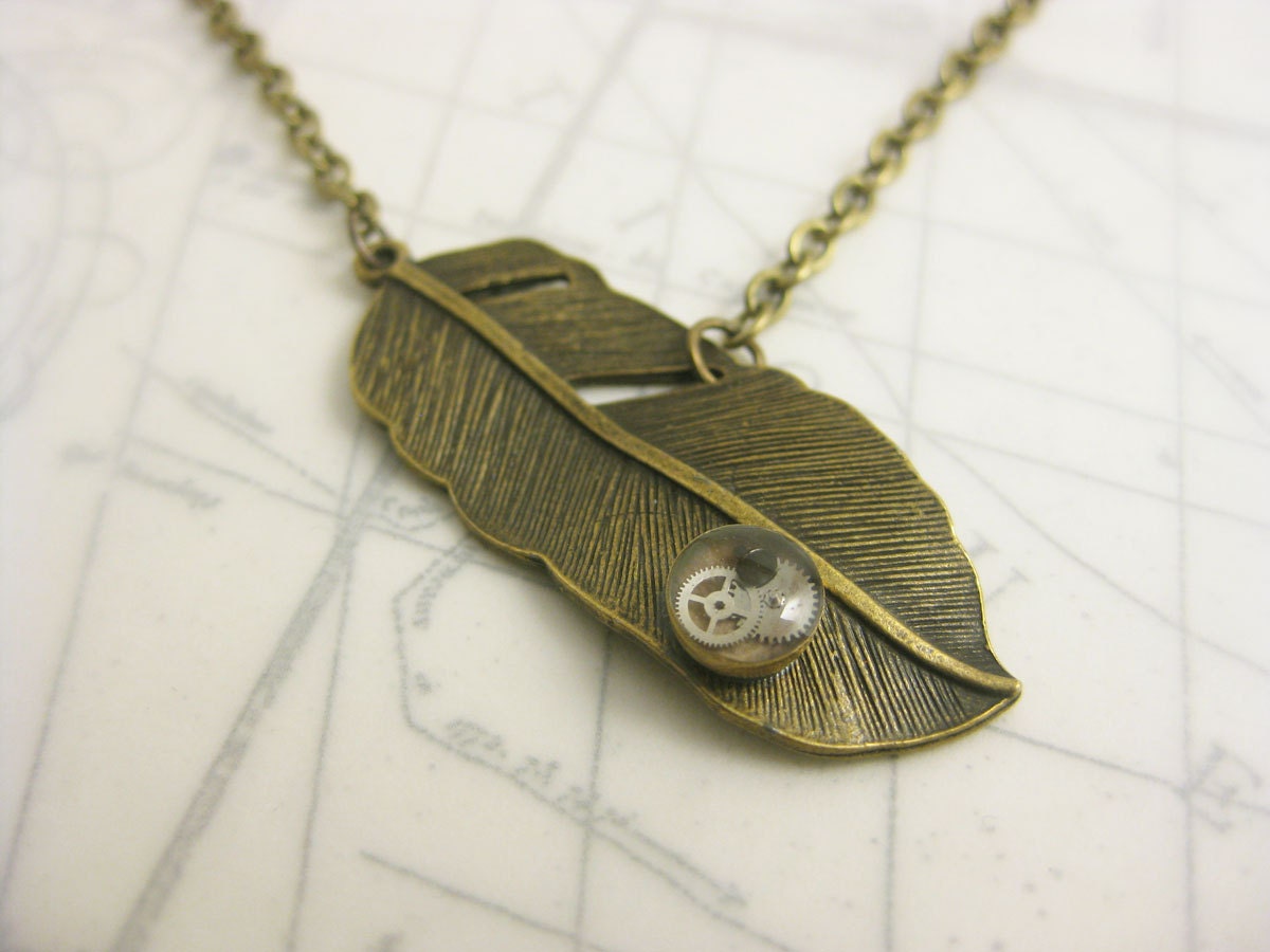 Steampunk Bronze Feather Necklace with Gears - Icarus Greek Mythology - Antique Bronze Chain