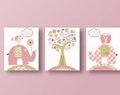 Nursery art, baby nursery decor, nursery wall art, kids wall decor, tree, owl, elephant, bird, Set of 3, 8x10 Prints -  Tree Of Love