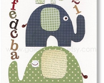 Nursery art prints, baby nursery decor, nursery wall art, children wall art, elephant nursery, numbers, letters, Learning 8x10 print