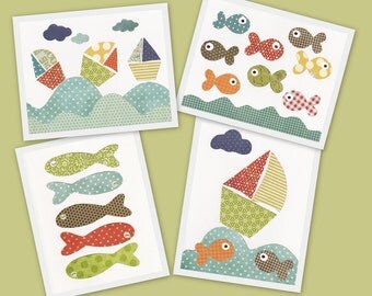 Nursery art, baby nursery decor, nursery wall art, kids decor, kids art, baby art, nursery boat, nursery fish, Set of 4, 8 x 10 Prints