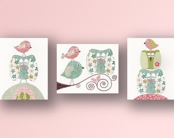 Baby room decor, Nursery wall art, baby nursery, childrens art print, kids room decor, birds, Owl, blue, Pink, Set of three 8x10 prints
